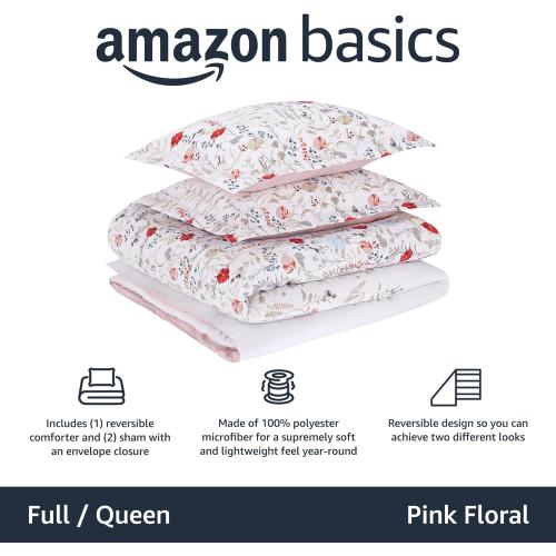 Amazon Basics Full/Queen Size Comforter Sets, Ultra-Soft Lightweight Microfiber Reversible 3-Piece Bedding, Pink Floral