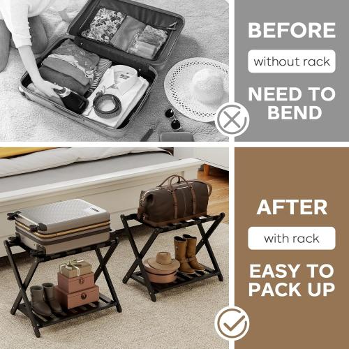 2 Pack Fully Assembled Black Luggage Racks, Bamboo 26.77 Folding Suitcase Stand for Guest Room with 5 Nylon Straps, Heavy Duty, Upgraded Luggage Rack Holder with Shelf for Bedroom Hotel