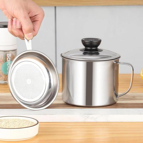 RIIPOO Grease Container for Kitchen, 34oz Bacon Grease Saver with Strainer, 410 Stainless Steel Cooking Oil Container Can, Oil Storage Keeper with Lid