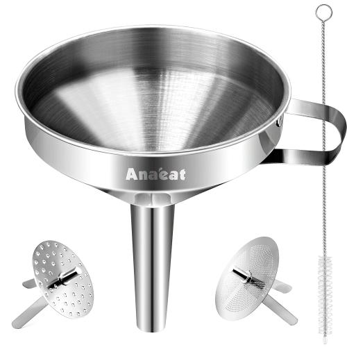 Anaeat Stainless Steel Kitchen Funnel, Multi-Use Premium Metal Food Grade Cooking Funnels with 2 Removable Strainer Filter for Transferring Liquid or Dry ingredients, Oils & 1 Pc Cleaning Brush (5.0)