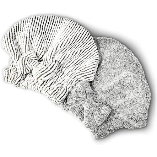 Microfiber Hair Towel Wrap, Soft Absorbent & Quick Drying Cap Set for Curly Thick Hair, Women & Girls - 2 Pcs (Stripe & Gray)