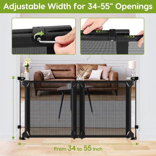 No Drill Baby Gate for Stairs No Bottom Bar, 34-55” Punch Free Dog Gate with Large Walk Thru Door, Mesh Dog Gate for The House, Swing & Dual Openings, No Drilling Pet Gates for Doorways, Black