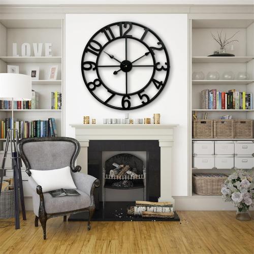 CLXEAST 24 Inch Wall Clocks for Living Room Decor, Large Black Metal Wall Clock Battery Operated, Silent/Non Ticking, Regular Arabic Numeral