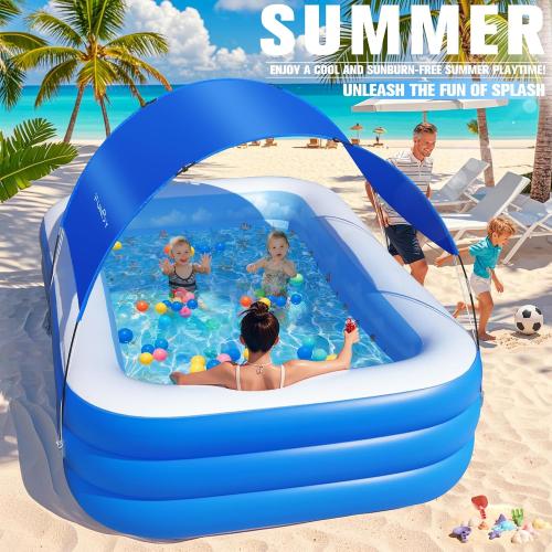 Color Blue Inflatable Pool with Canopy,Upgraded Inflatable Swimming Pool for Kids,Adult,Large Inflatable Blow up Pools,Ocean Theme Oversized Thickened Inflatable Family Pools for Backyard-Blue
