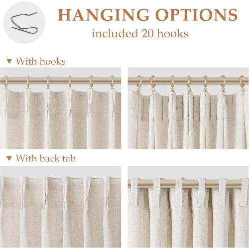 Natural Pinch Pleated Linen Curtains 84 Inch Length 2 Panels for Living Room Bedroom Cream Semi Sheer Window Curtain Boho Neutral Back Tab Pinch Pleat Drape with Hooks 84 Inches Long