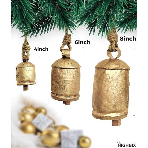 HIGHBIX Set of 3 Giant Harmony Cow Bells Huge Vintage Handmade Rustic Lucky Christmas Hanging XL Bells On Rope (Country Rustic, Large)