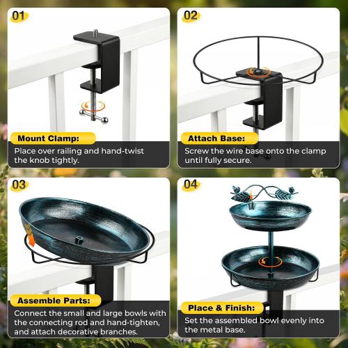 2 in 1 Deck Bird Bath & Feeder for Railing, Metal Birdbath & Birdfeeder with Adjustable Clamp, Detachable Bird Baths Water Bowl, Rustproof Wild Bird Balcony Patio Yard Garden Decor (Lake Blue)