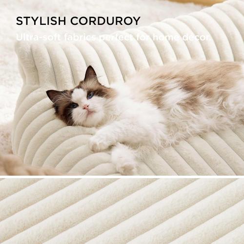 Bedsure Cute Cat Couch for Pets - Fluffy Cat beds with Premium Soft Corduroy Fleece, Fuzzy Cats beds for Indoor Cats with Removable Washable Cover, Supportive Pet Sofa, Cream