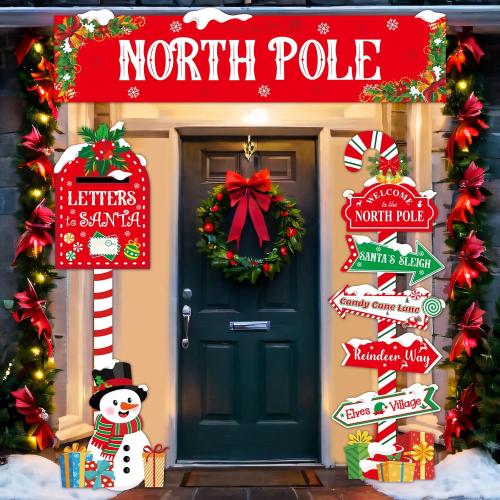 3 Pcs Christmas North Pole Door Decorations North Pole Directional Sign Porch Banners Christmas Mailbox Letter to Santa Porch Signs Hanging Backdrop for Winter Xmas Holiday Home Wall Party Decor