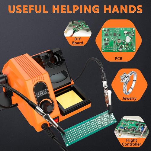 HX46 60W Digital Display Soldering Iron Station Kit with 2 Helping Hands, 5 Extra Iron Tips, Solder Wire, Solder Sucker, ESD Tweezer, °C/ºF Conversion, Auto Sleep & Calibration Support