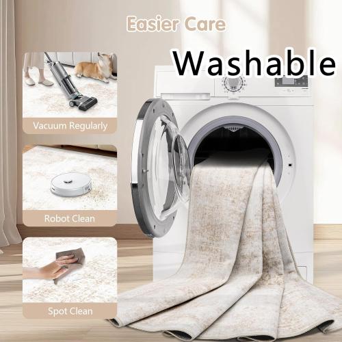 Area Rug 6x9 Vintage Rug: Washable Living Room Rugs Retro Medallion Distressed Large Rugs Soft Low Pile Non-Slip Indoor Floor Carpet for Bedroom Kitchen Nursery Dining Table Office (Beige, 6'x9')