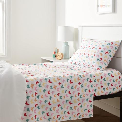 Amazon Basics Kid's Soft Easy-Wash Microfiber 3-Piece Sheet Set, Twin, Multi-Color Butterflies, Butterfly Friends, Printed