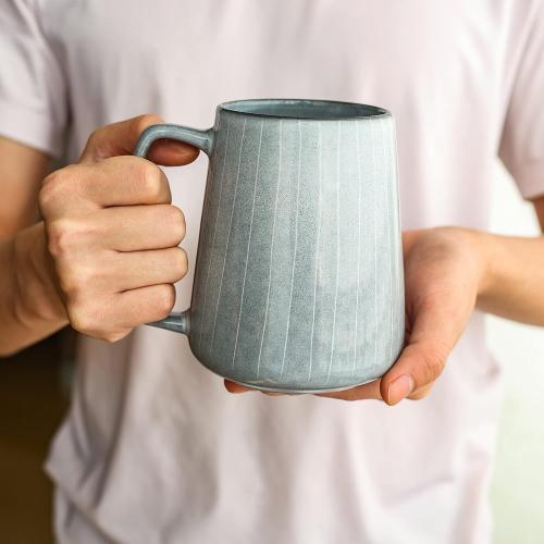 Large Ceramics Coffee Mugs,with Spoon and Wooden Lid,for Coffee,Tea,Cocoa,Large Handle Design,Microwave Dishwasher Safe (Gray Set)