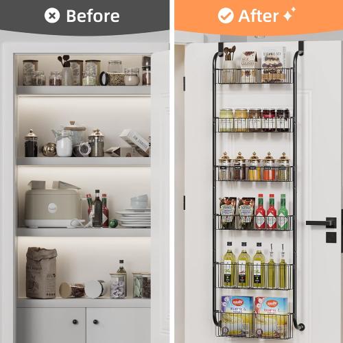 VIVSOL 6-Tier Over the Door Pantry Organizer with 4   2 Full Baskets, Heavy-Duty Metal Hanging Spice Rack for Door Bathroom Kitchen, Closet Storage, Black