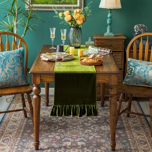 Velvet Table Runner Soft Decorative Luxurious Solid 72 Inches Long Tablecloth with Retro Ruffle Flounces Table Runner Dresser Scarves for Kitchen Dining Room Coffee Table Olive Green,14x72 Inch