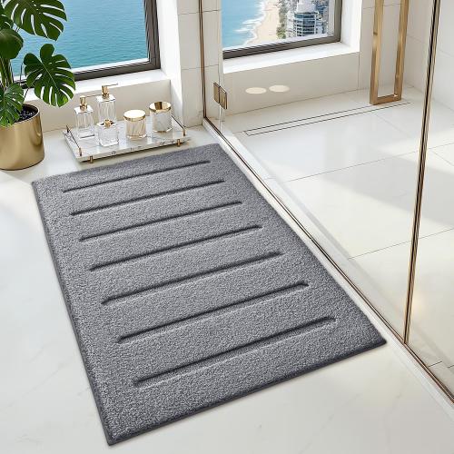 LUMI Microfiber Bath Mat, Soft Absorbent with Non Slip, Grey, 24x36 | High Absorbent Fluffy Microfiber, Machine Washable, Modern Striped Design for Bathroom, Sink Floor, Shower Tub