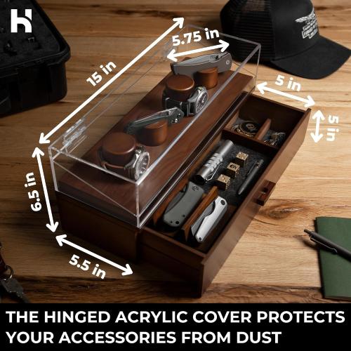 Watch & Pocket Knife Display Case – Switch Up Your Display with The Modular Pillars – Knife Case for Men with Hinged Acrylic Cover and Felt Lined Drawer – The Combo Deck for Men