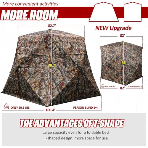 Wide Bottom Hunting Blind 3/4 Person with Portable Chair, 270/360 Degree See Through Pop up Ground Blinds for Deer Turkey Duck Hunting, Bow Hunting Adjust Windows with Silent Zipper