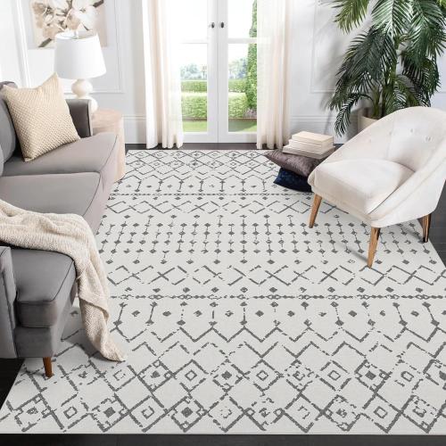 Machine Washable Area Rugs 5x7, Neutral Geometric Rugs for Living Room, Low Pile Modern Rug, Stain Resistant Soft Moroccan Boho Area Rug for Bedroom Dining Room Laundry Decor Gray