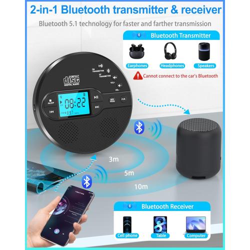 Portable CD Player with Bluetooth, Disman CD Player for Car with FM Transmitter, Rechargeable CD Player Portable with Anti-Skip Protection, Headphones, AUX/USB Supported, LCD Display(Black)