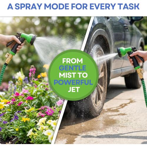 J&B XpandaHose 100ft Expandable Garden Hose, Lightweight, Brass Connectors | Ultra Strong 3750D fabric, 4-layer latex core, expands 3X, kink & leak-resistant, 10-pattern nozzle, storage bag