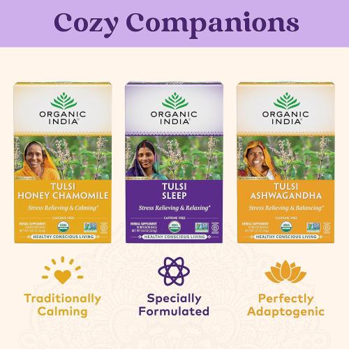 ORGANIC INDIA Tulsi Sleep Herbal Tea - Holy Basil, Ashwagandha, Chamomile, Night Time Tea for Bedtime, Stress Relieving & Relaxing, Immune Support, USDA Certified Organic - 18 Infusion Bags, 1 Pack