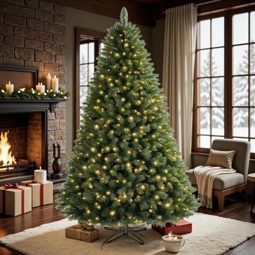 6 FT Pre-lit Christmas Tree, Artificial Pine Spruce Christmas Tree 980 PVC Branch Tips 300 Warm White Lights, Easy Assembly with Metal Stand and Hinged Branches Decoration