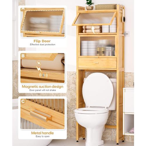 Over The Toilet Storage Cabinet with Drawer and Flip Door, Bamboo Bathroom Organizer Shelf with Anti-Tip Design and Waterproof Feet Pad,Freestanding Rack Above WC Space Saver (Natural)