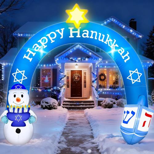 8 FT Hanukkah Inflatable Outdoor Decorations-Giant Chanukah Blow Up Inflatable Arch with Snowmen & Dreidel-Built in 5 LED Lights,Hanukkah Outdoor Decorations for Holiday Lawn Yard Garden Decor