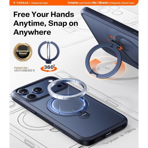 TORRAS Ostand Q3 Spin for iPhone 17 Pro Case with 360 Magnetic Stand, Fit for MagSafe, Camera Control, Built-in Kickstand, 4X Military-Grade Shockproof Slim Phone Case for iPhone 17 Pro, Deep Blue