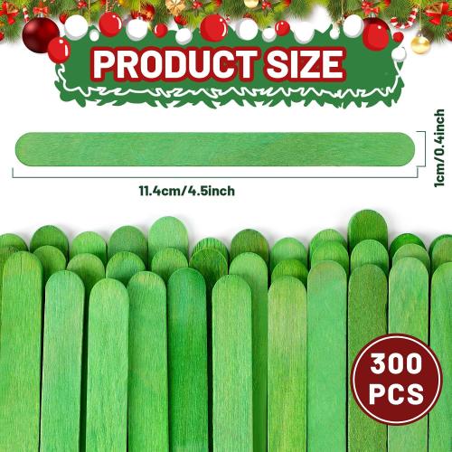 JANYUN 300 Pcs Green Popsicle Sticks for Crafts, 4.5 Inch Christmas Wooden Ice Cream Craft Sticks Popsicle Sticks for Waxing Christmas Valentines Day DIY Crafts Creative Designs Education