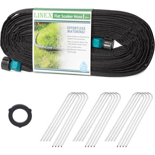 50ft LINEX Flat Soaker Hose 50 ft with Stake for Garden Beds Drip Sprinkler Irrigation Hose Heavy Duty Saving 80% Water For Vegetable