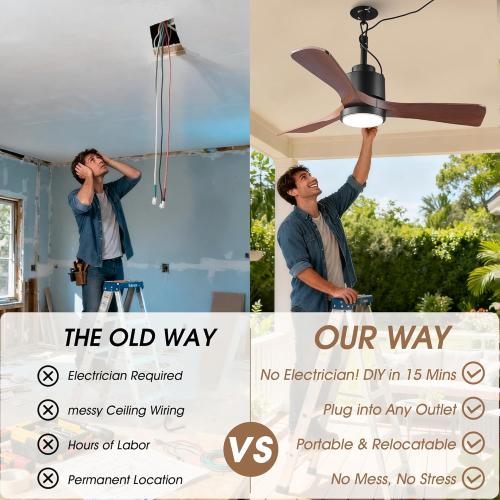 42 Outdoor Ceiling Fan with Light & Remote - IP65 Waterproof Plug in Hanging Fan, 6-Speed Reversible DC Motor, 1850LM Dimmable LED for Patio, Porch, Gazebo, Pergola (Matte Black)