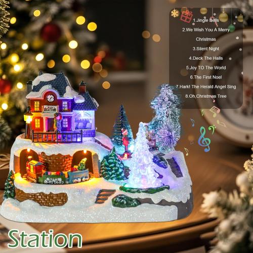WONDER GARDEN Christmas Village Houses-Christmas Houses Village - Lighted Musical Railway Station Moving Train Town Sets with Revolving Acrylic Trees Animated Figurines for Indoor Decor or Gift