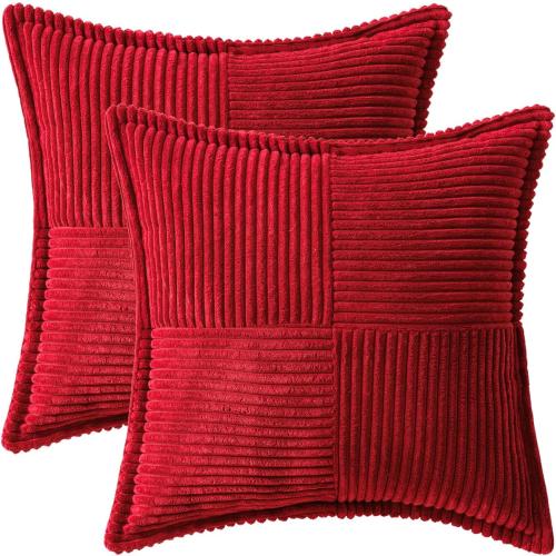 MIULEE Decorative Throw Pillow Covers for Couch Bed Livingroom 18x18 Inch Set of 2 Red Boho Accent Throw Pllows Broadside Striped Patchwork Soft Corduroy Pillowcases