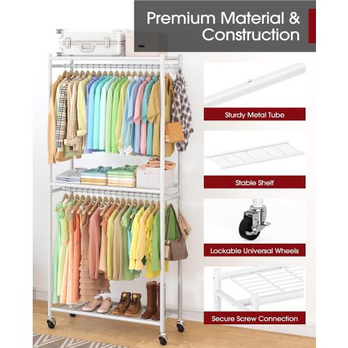 Sakugi Clothes Rack - 33.0 x 12.2 x 79.5 Clothing Rack with Shelves & Wheels, Multi-Functional Wardrobe Closet with Hooks, Sturdy Metal Garment Rack for Bedroom, Laundry, Balcony (White)