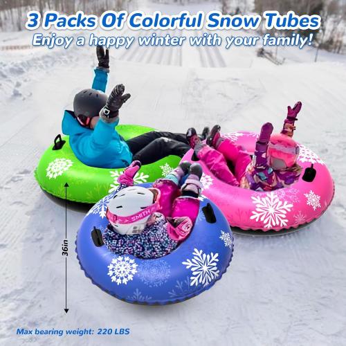 Snow Tube, 3Packs/4Packs for Whole Family Inflatable Snow Sled for Kids and Adult, Thickened Heavy Duty Hard Bottom Sleds for Snow with Handles, Snow Toys for Outdoor Sledding Snow Tube Sports