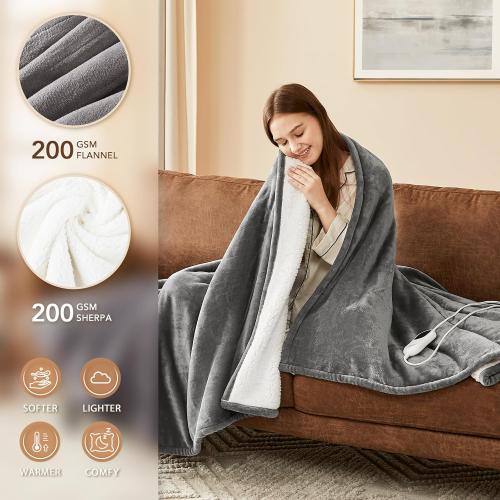 Homemate Heated Blanket Electric Throw - 50x60 Heating Blanket Throw 1/2/4/6/8 Hours Auto-Off 10 Heat Level Over-Heat Protection Flannel Sherpa ETL Certification