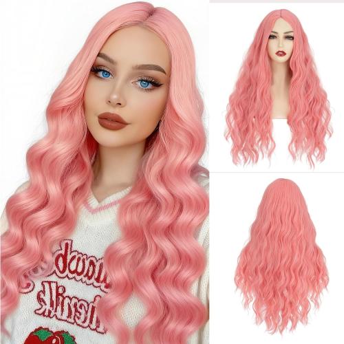 S-noilite Long Pink Wavy Wig Middle Part for Women 27 inch Long Curly Wavy Pink Wig Natural Looking Synthetic Hair Colorful Anime Cosplay Party Halloween Costume Daily