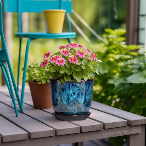 5.6 Inch Plant Pot - Ceramic Pots for Plants with Drainage Hole and Saucer, Round Succulent Flower Orchid Pot for Indoor Outdoor, Modern Planter, Home Room Decor, Gift for Plant Lover, Blue