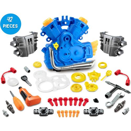 POFJOEQ Engine Building Kit, Kids Mechanic Repair Set for Kids Motorcycle Engine，Take Apart Toys-42pc Playset，STEM Engine Model Kit Toy with Cool Lights&Sounds，Educational Toys for 3  Year Old (Blue)
