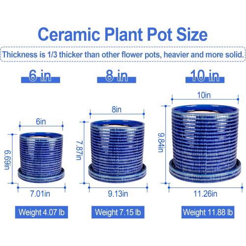 Ceramic Plant Pots, 3 Pack 6 8 10 Inch Indoor/Outdoor Planters with Drainage Hole, Mesh Pad & Saucer Unique Handcrafted Crackle Glaze Ceramic Flower Pots for Home Garden & Indoor Flower Pot Decor-Blue
