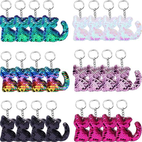 Blulu 24 Pieces Flip Sequin Keychain Cat Shape Key Ring Hanging Keychain Decoration for Birthday Party Supplies