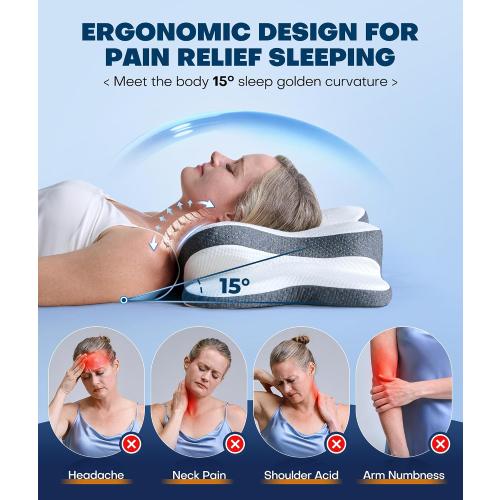 5X Pain Relief Cervical Neck Pillow for Neck Support, Ergonomic Cooling Side Sleeper Pillow for Sleeping, Odorless Contour Memory Foam Pillows, Orthopedic Bed Pillow for Side Back Stomach Sleeper