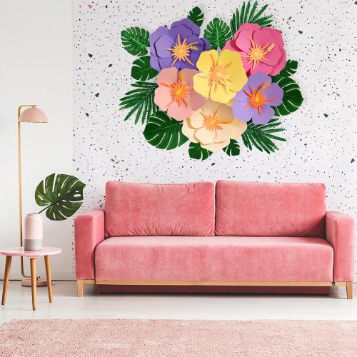 Lincia 40 Pcs Hawaiian Hibiscus Decorations Large Paper Flowers and Artificial Tropical Leaves, 11.8''/7.9'' Jumbo 3D Paper Flowers Faux Leaves for Luau Party Birthday Wedding (Classic Color)