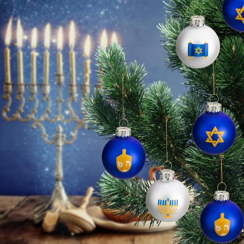 12pcs Glass Ball Ornaments, Star of David Hanukkah Ornament Balls, White and Blue Jewish Menorah Decorations for Tree (12 pcs)