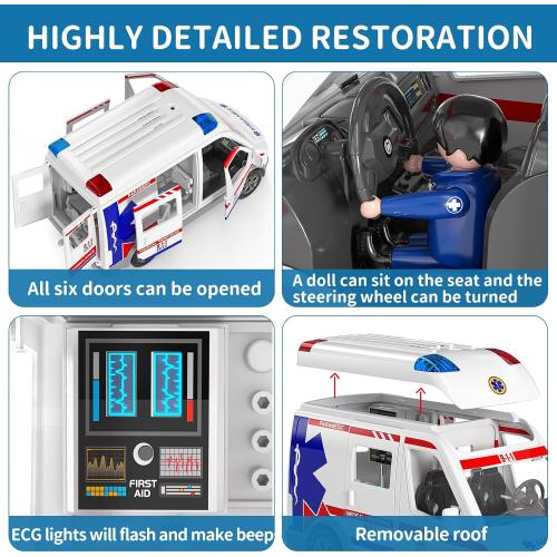 TEMI Ambulance Toy for Kids, Emergency Vehicle Toy, Friction Powered Truck | Light and Sound, Role Playing Play Vehicles with Figures Toys, Car Toy, Birthday Gifts for Age 3 4 5 6 7 8 Boys Girls