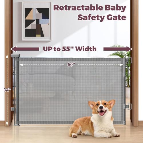 Retractable Baby Gate for Stairs, 55 Wide Mesh Dog Gate Indoor, 34'' Tall Child Gate for Doorways, Hallways, Deck, Indoor Outdoor Pet Baby Safety Essentials for Home, Grey