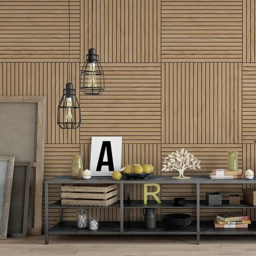 4-Piece Wood Slat Wall Panel for Interior Wall Decor Noise Cancelling 47.2 x 23.6 Peel and Stick Acoustic Decorative 3D Sound Absorbing Wall Paneling, Natural Oak