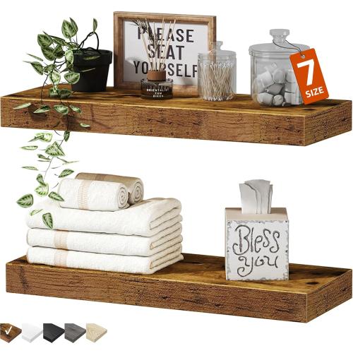QEEIG Bathroom Floating Shelves for Wall - 15.7 Wall Mounted Shelf Over Toilet Farmhouse Home Decor Display Bookshelf Small 15.7 x 6.7 inch Set of 2, Rustic Brown (008-40BN)